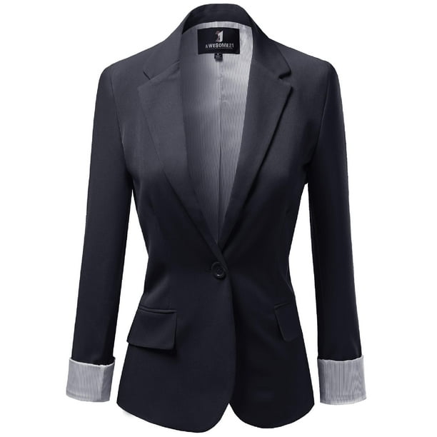 FashionOutfit Women's Solid Long Sleeves One Button Closure Side Pocket Blazer FashionOutfit Women's Solid Long Sleeves One Button Closure Side Pocket Blazer